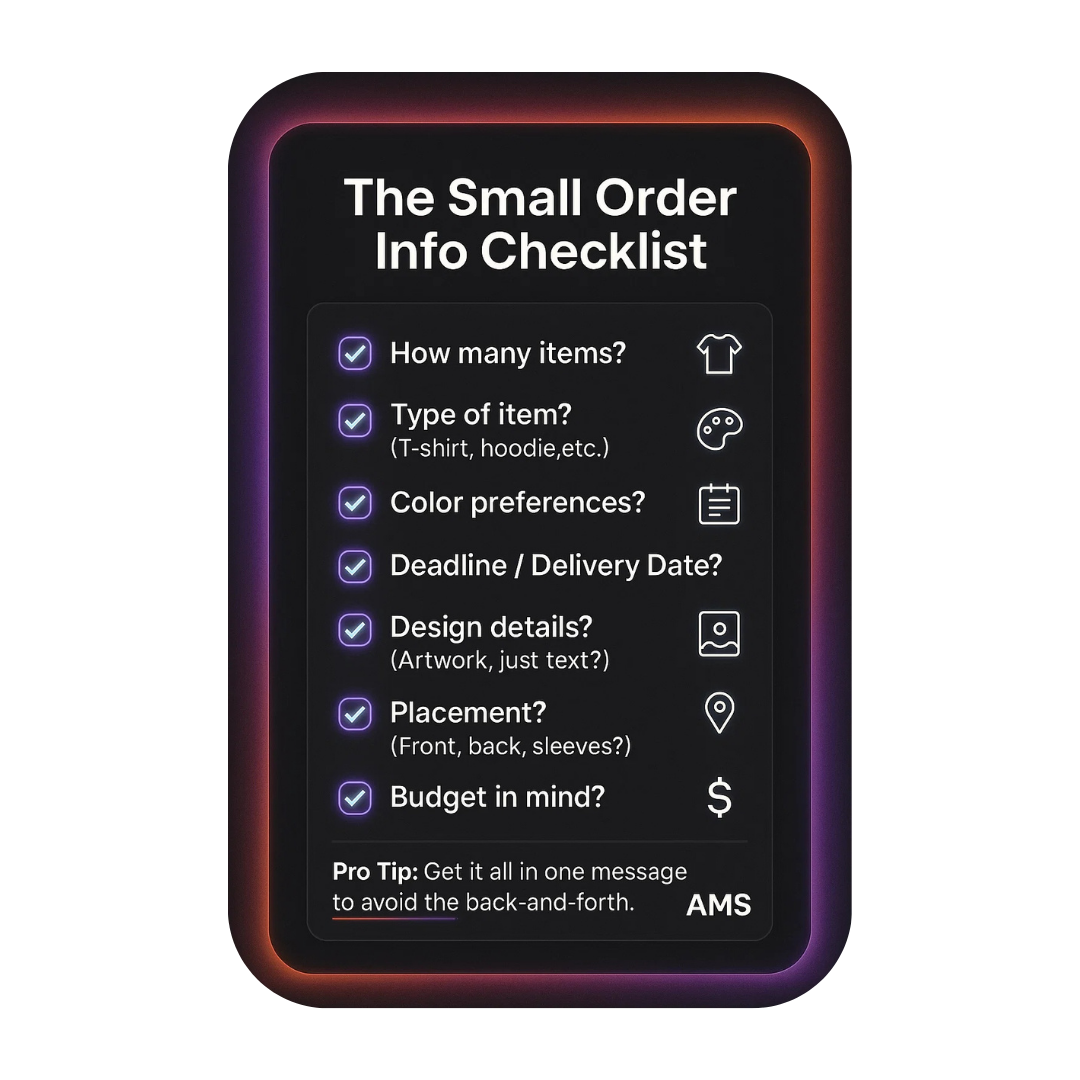 A preview of the free custom apparel order checklist from AMS Transfers, designed for profitable small batch printing and creating an effective t-shirt order form template.